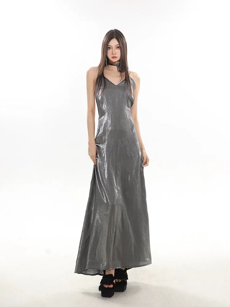 Metallic V-Neck Midi Slip Dress