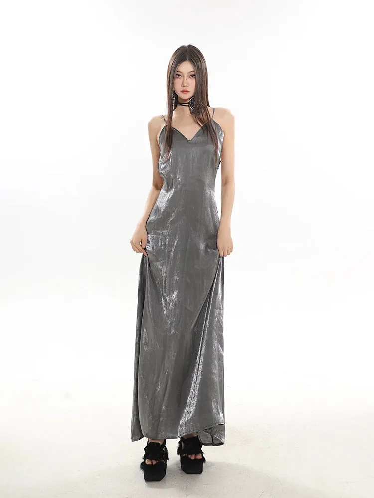 Metallic V-Neck Midi Slip Dress