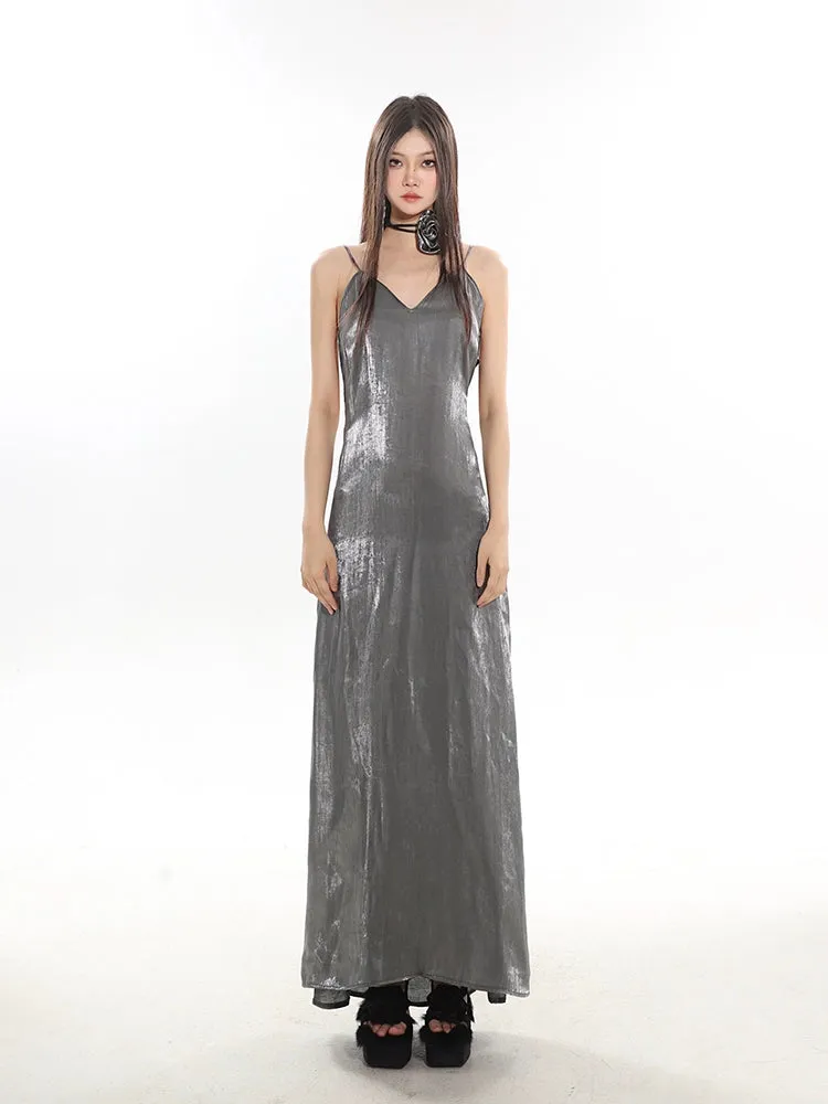 Metallic V-Neck Midi Slip Dress