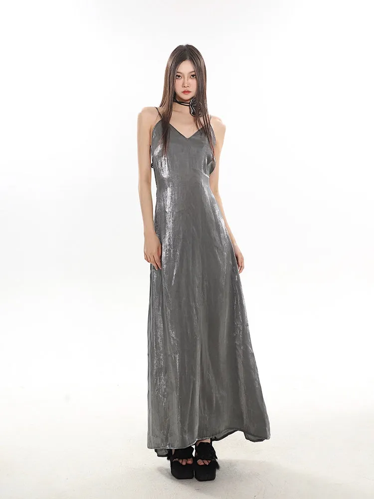 Metallic V-Neck Midi Slip Dress