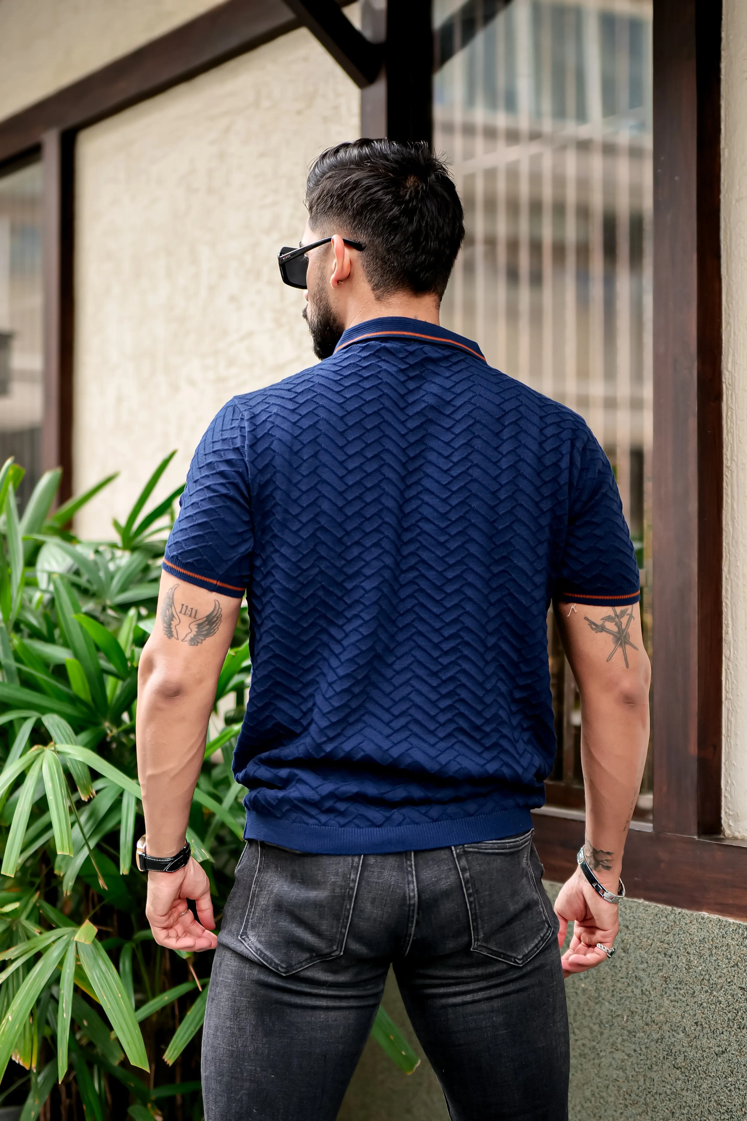 Navy Blue Embeded Texture Zipper T-Shirt