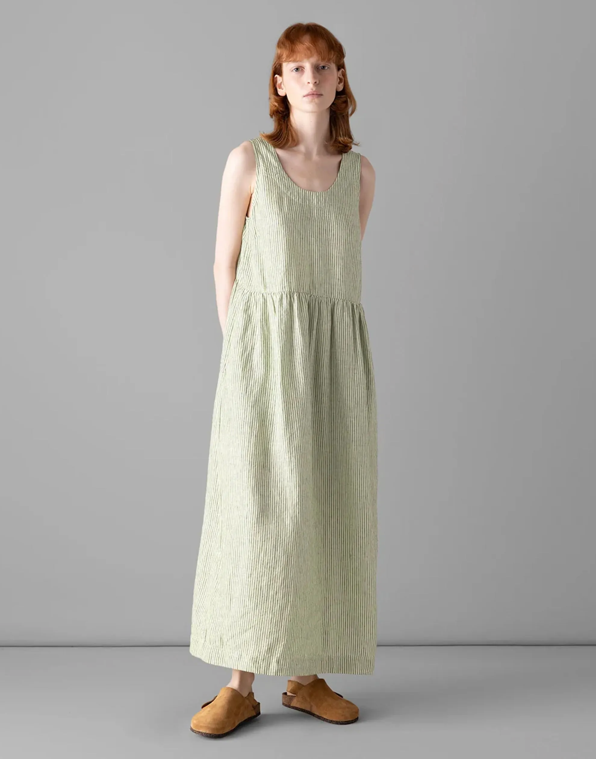 Olive Stripe Linen Scoop Neck Dress