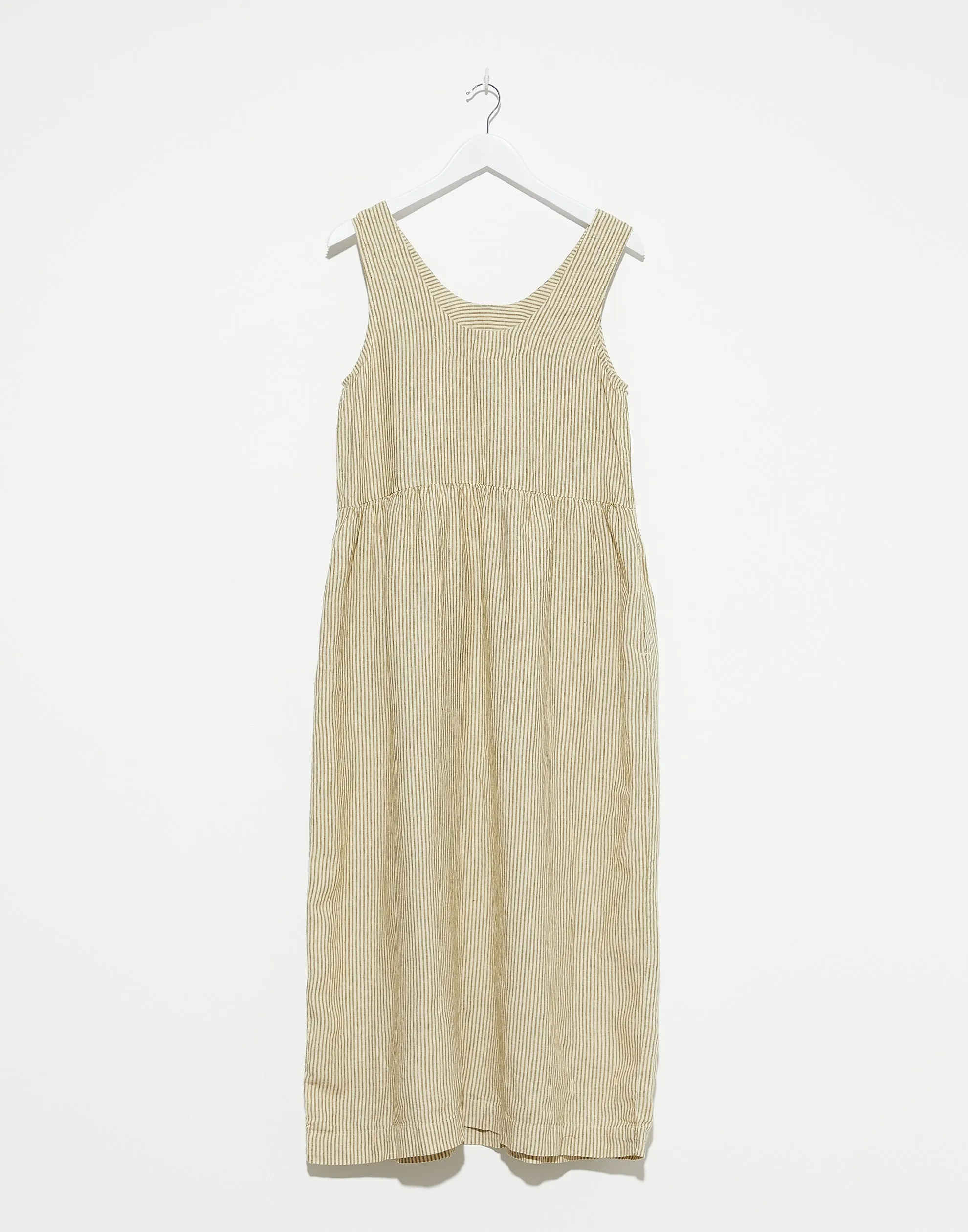 Olive Stripe Linen Scoop Neck Dress