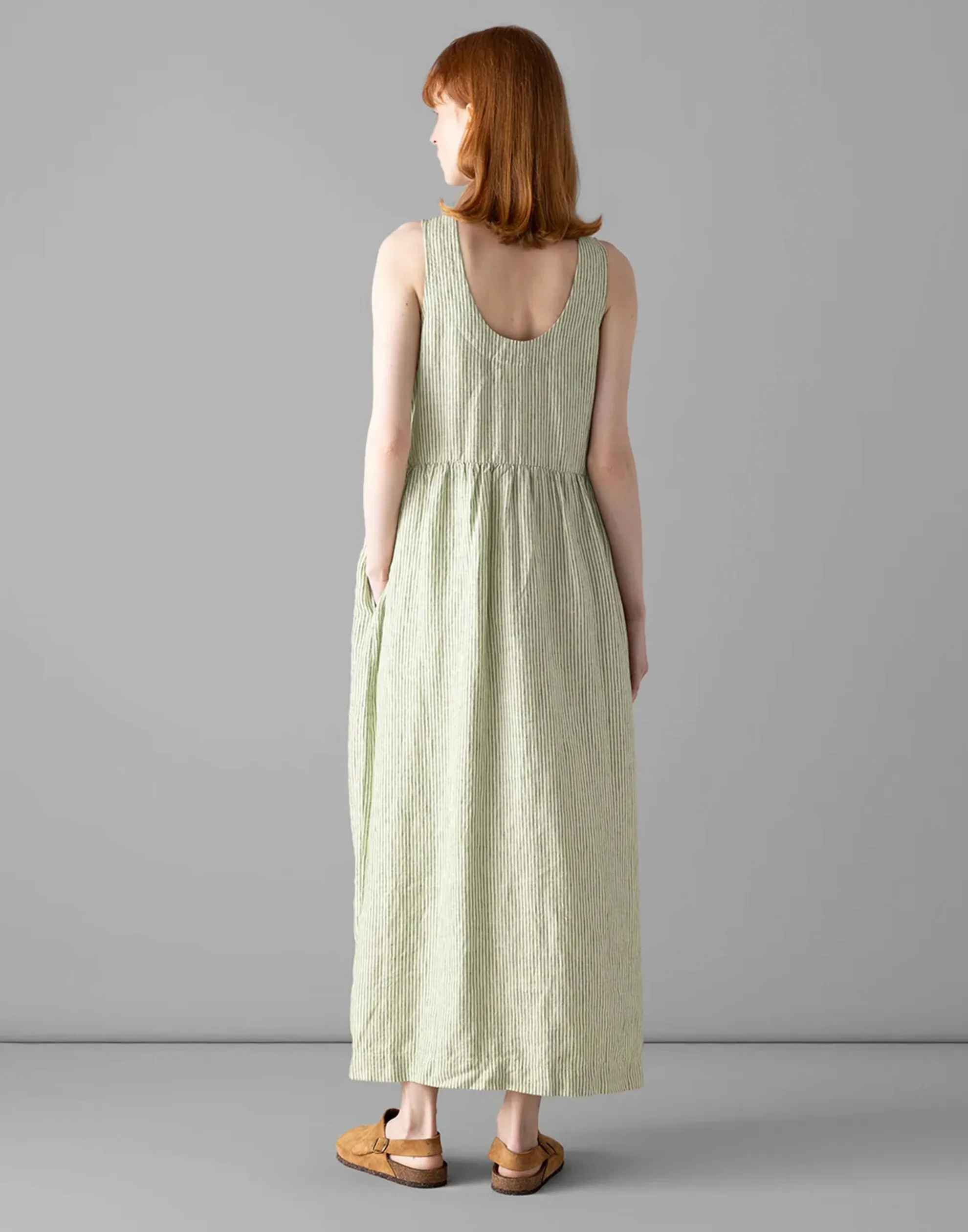 Olive Stripe Linen Scoop Neck Dress