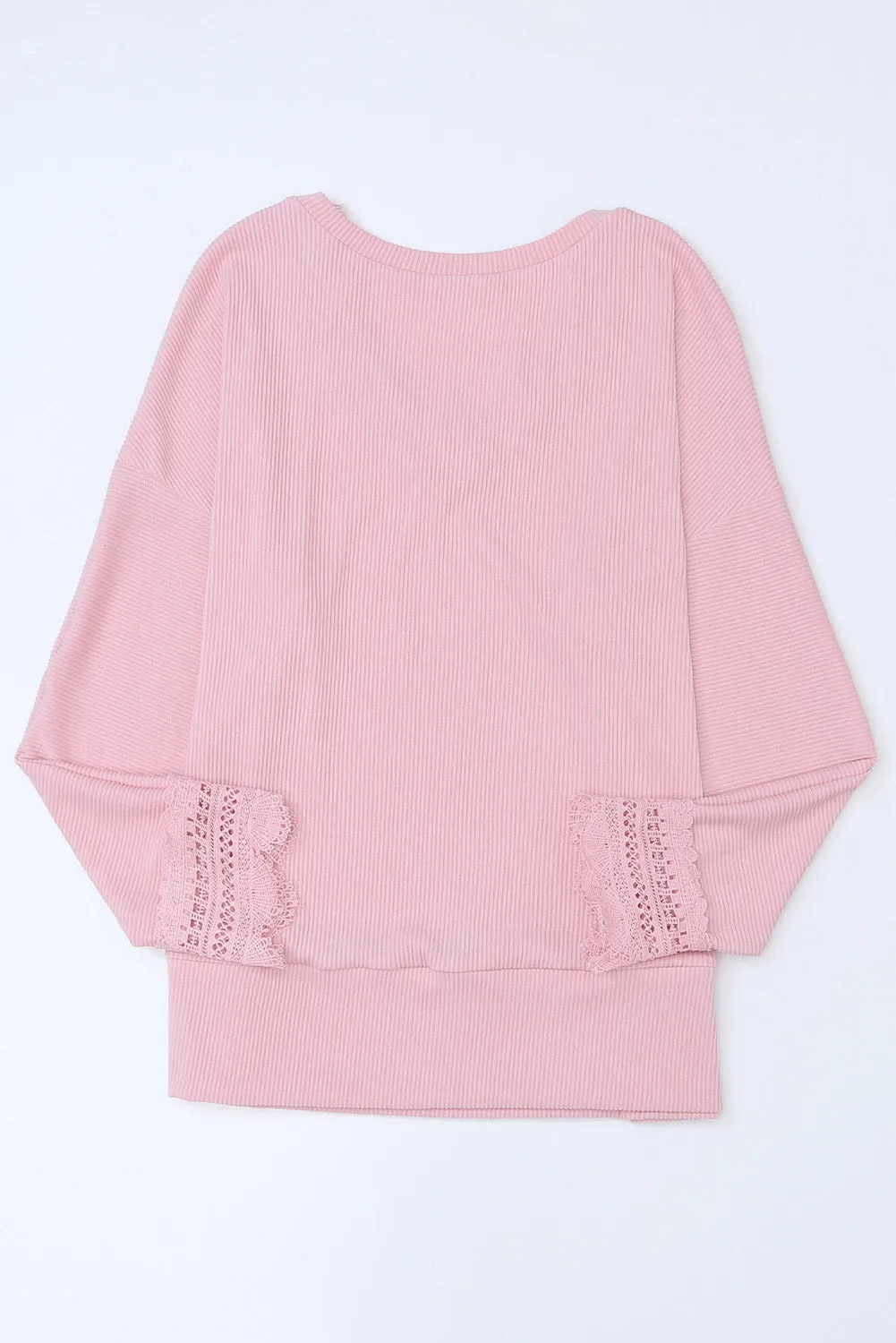 Pink Ribbed Texture Lace Trim V Neck Long Sleeve Top