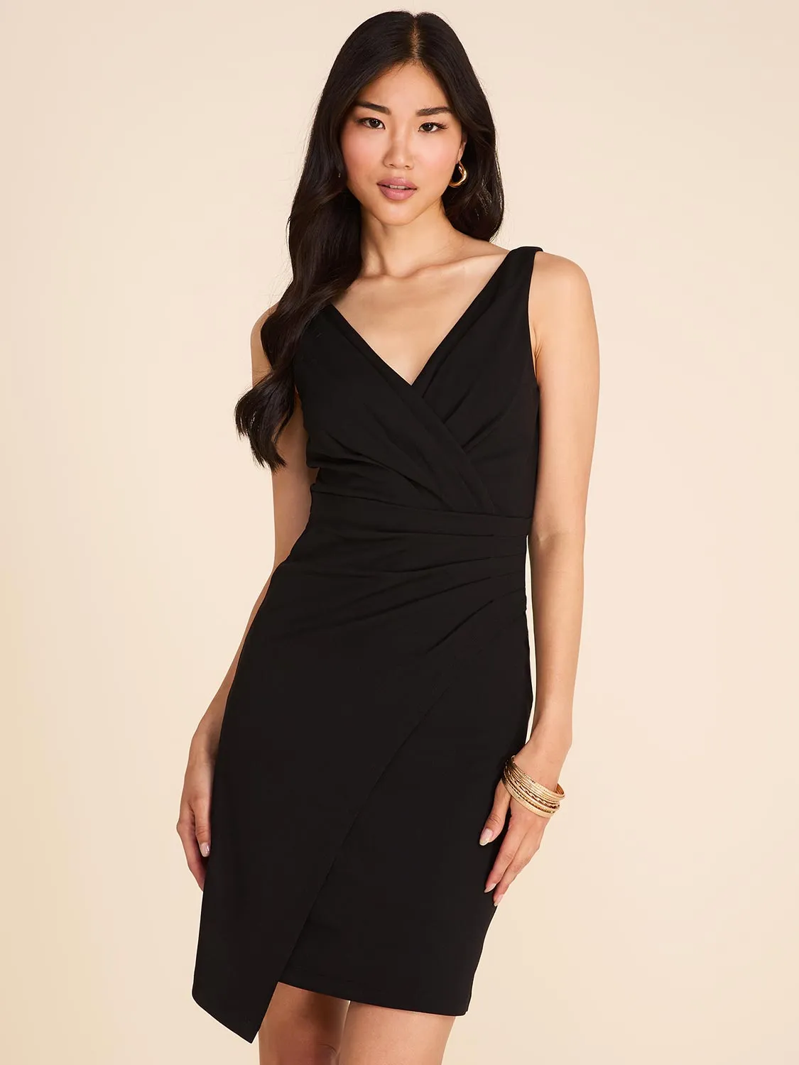 Pleated V-Neck Faux-Wrap Mini Sheath Dress