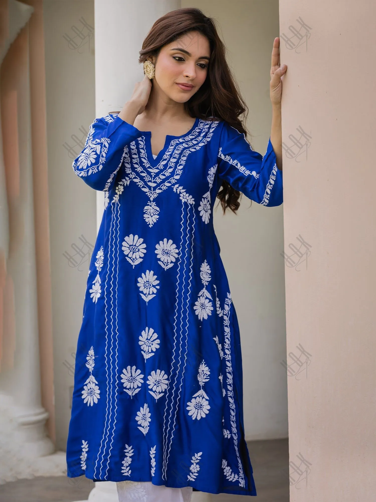 Saba Chikankari Long Kurta in Barfi Silk - Blue