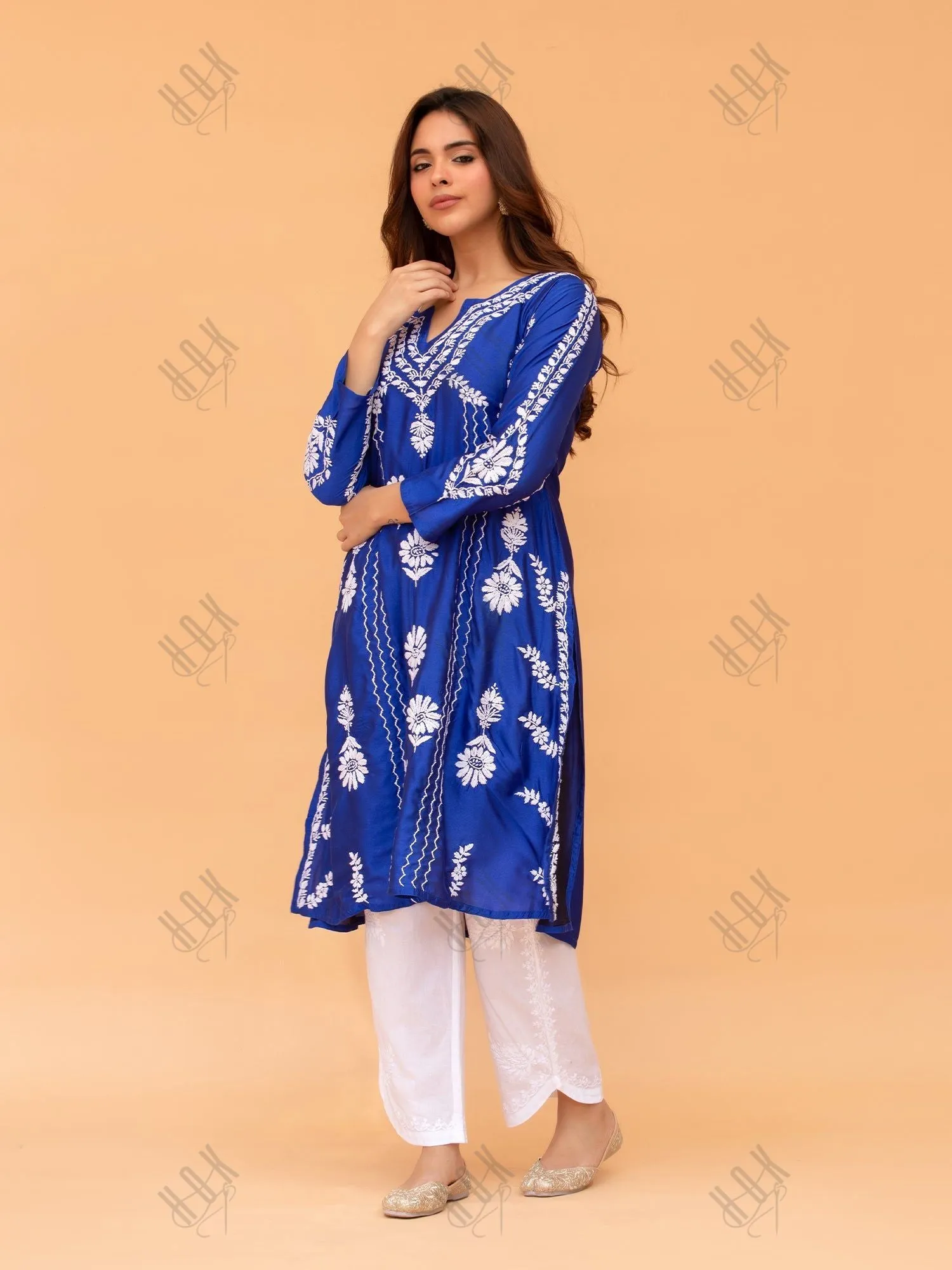 Saba Chikankari Long Kurta in Barfi Silk - Blue