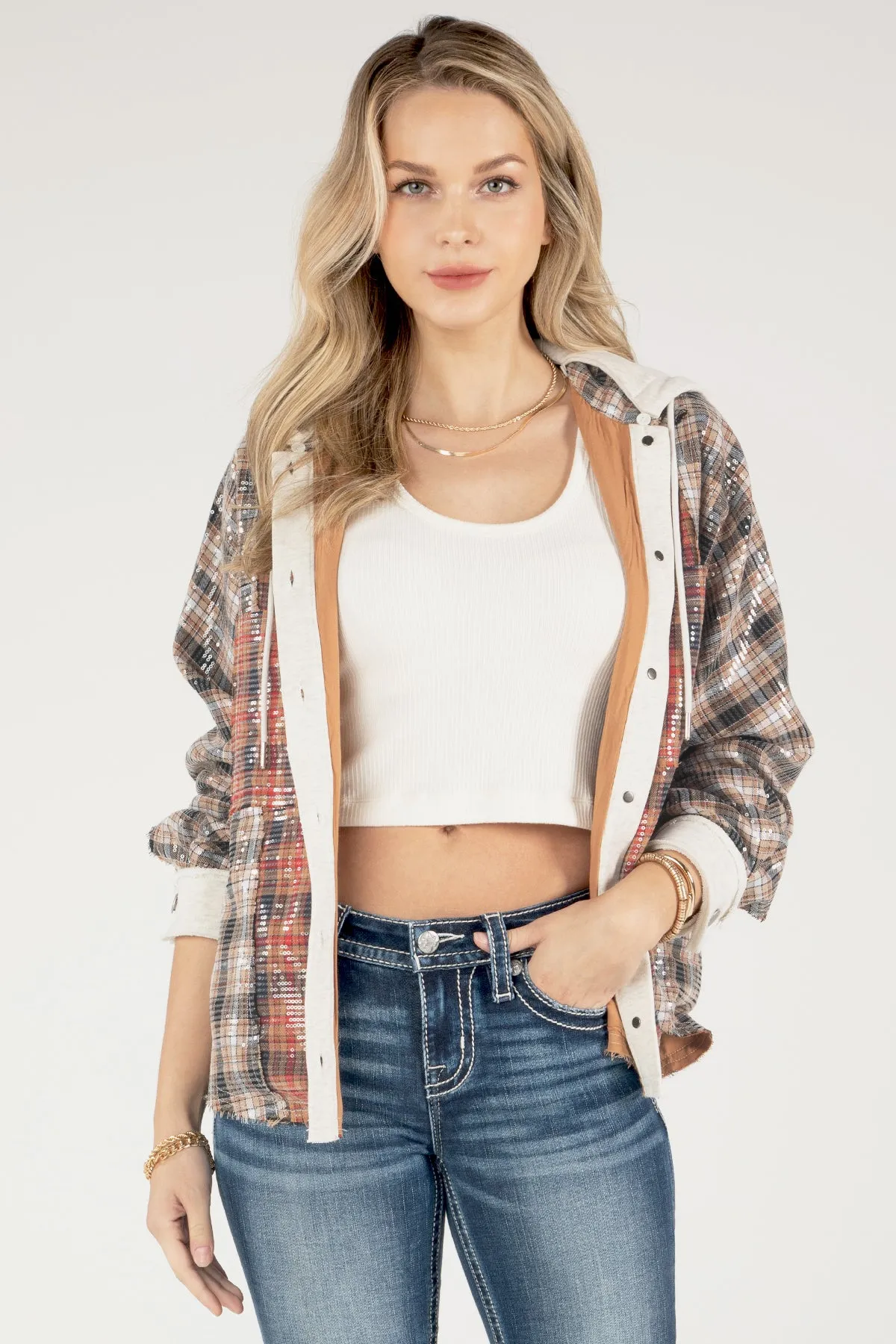 Sequin Overlay Plaid Jacket