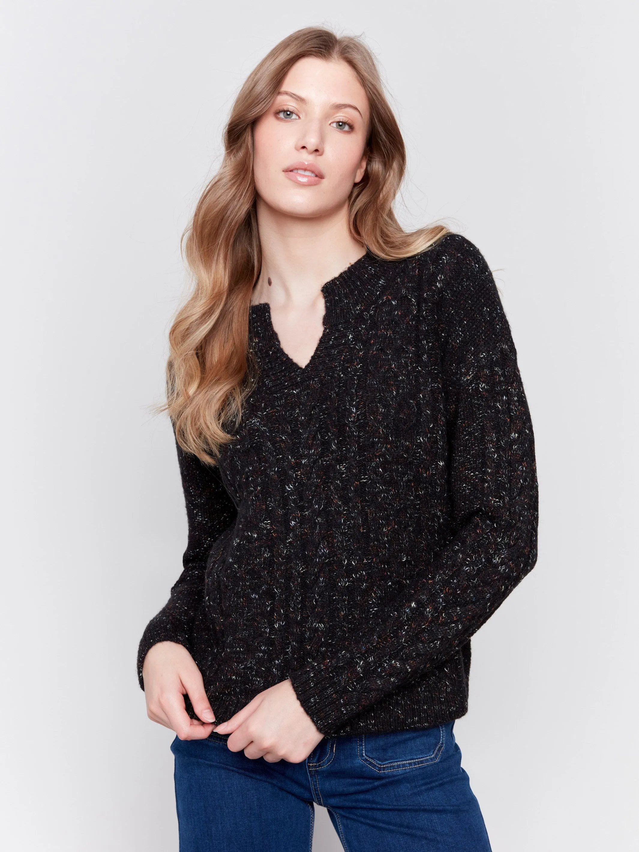 Speckled Yarn Cable Knit Sweater - Black