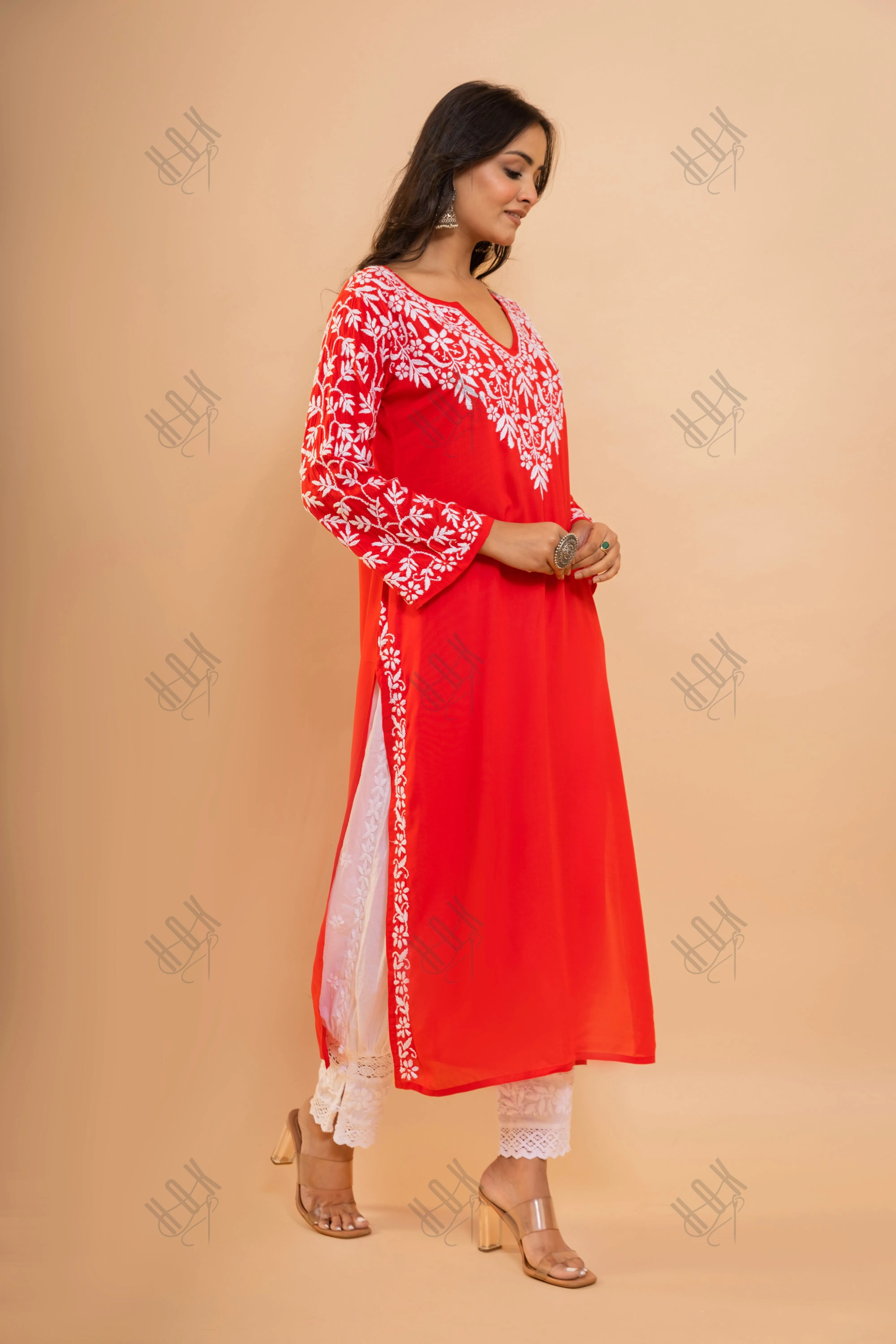 Tanu in Chikankari Radiant Red Modal Cotton Kurta