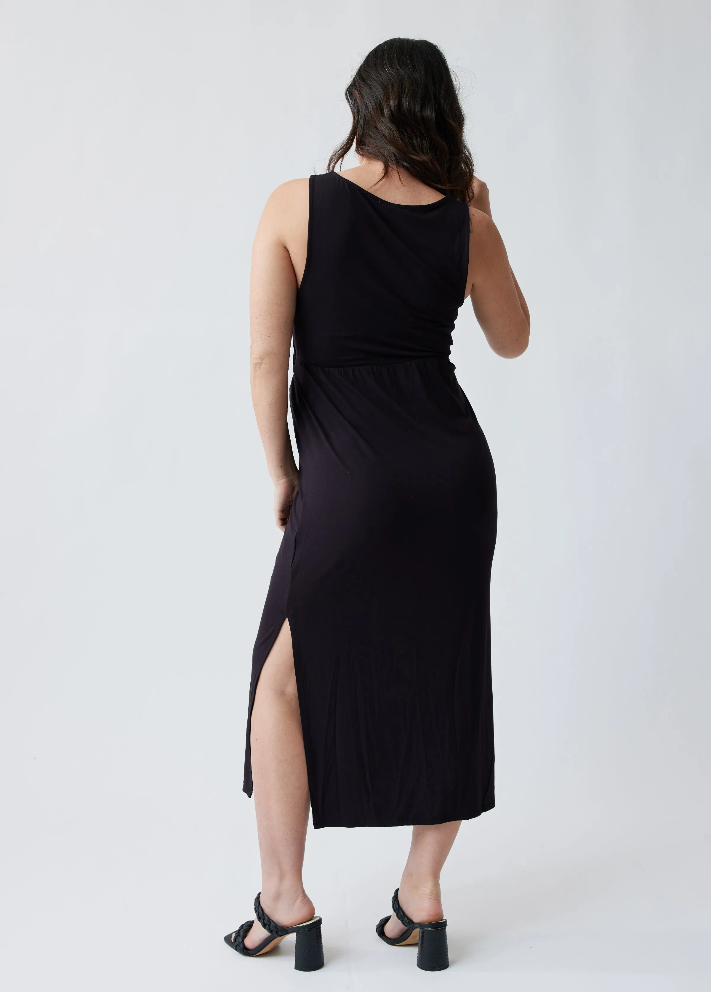 The Peekaboo Black Midi Maternity Dress