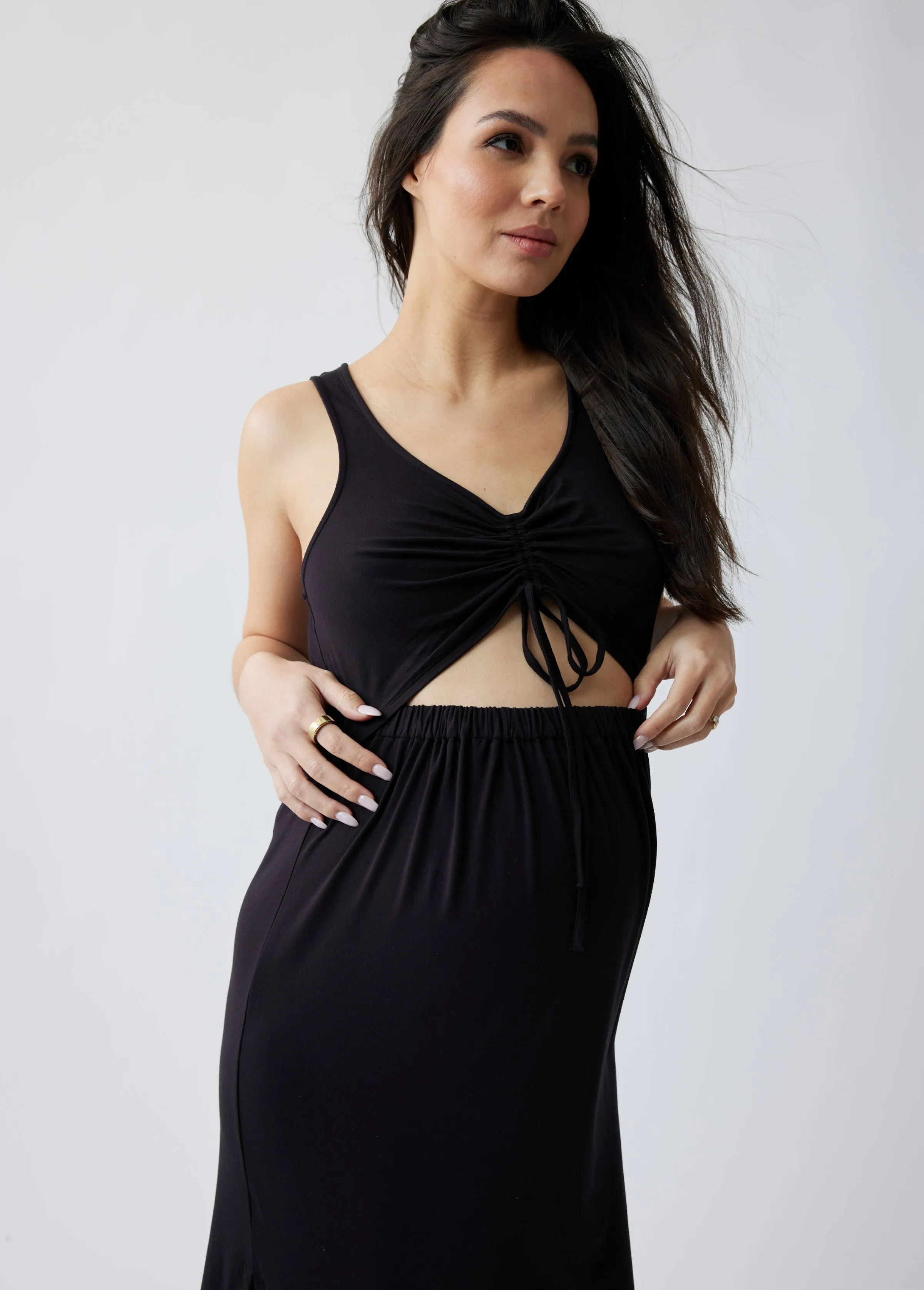 The Peekaboo Black Midi Maternity Dress