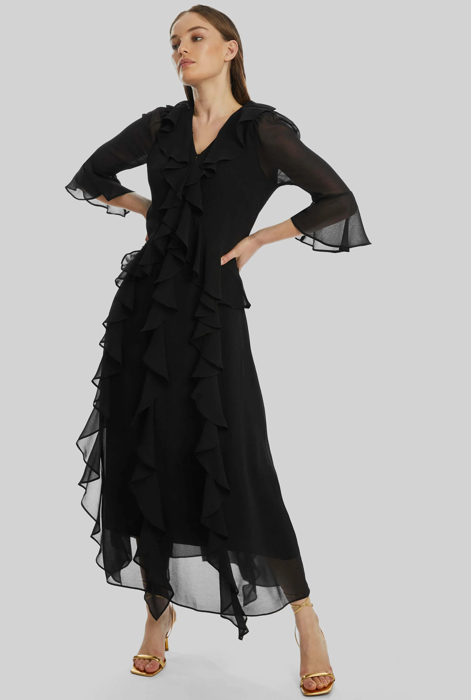 V-neck Chiffon Ruffle Dress In Black