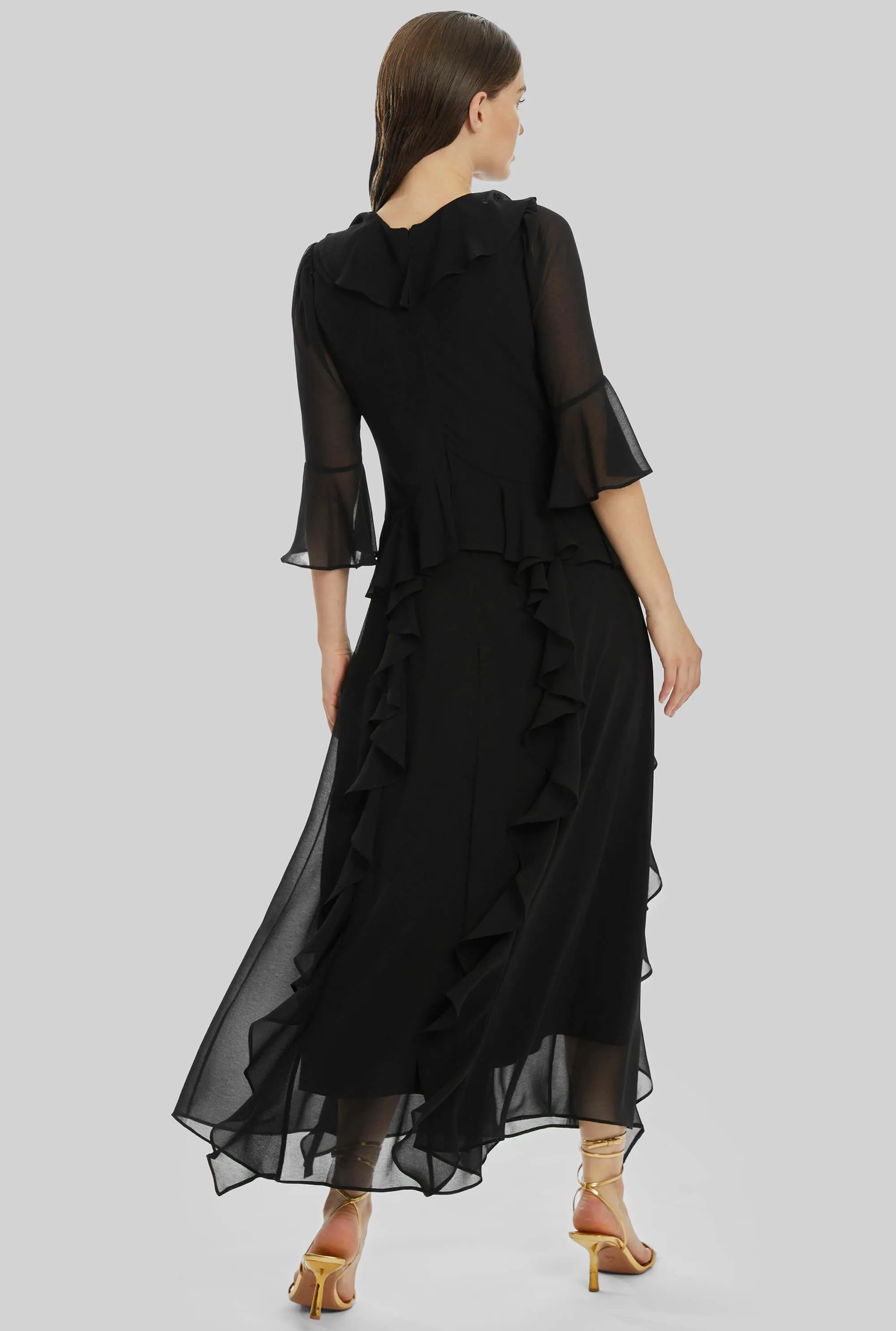 V-neck Chiffon Ruffle Dress In Black