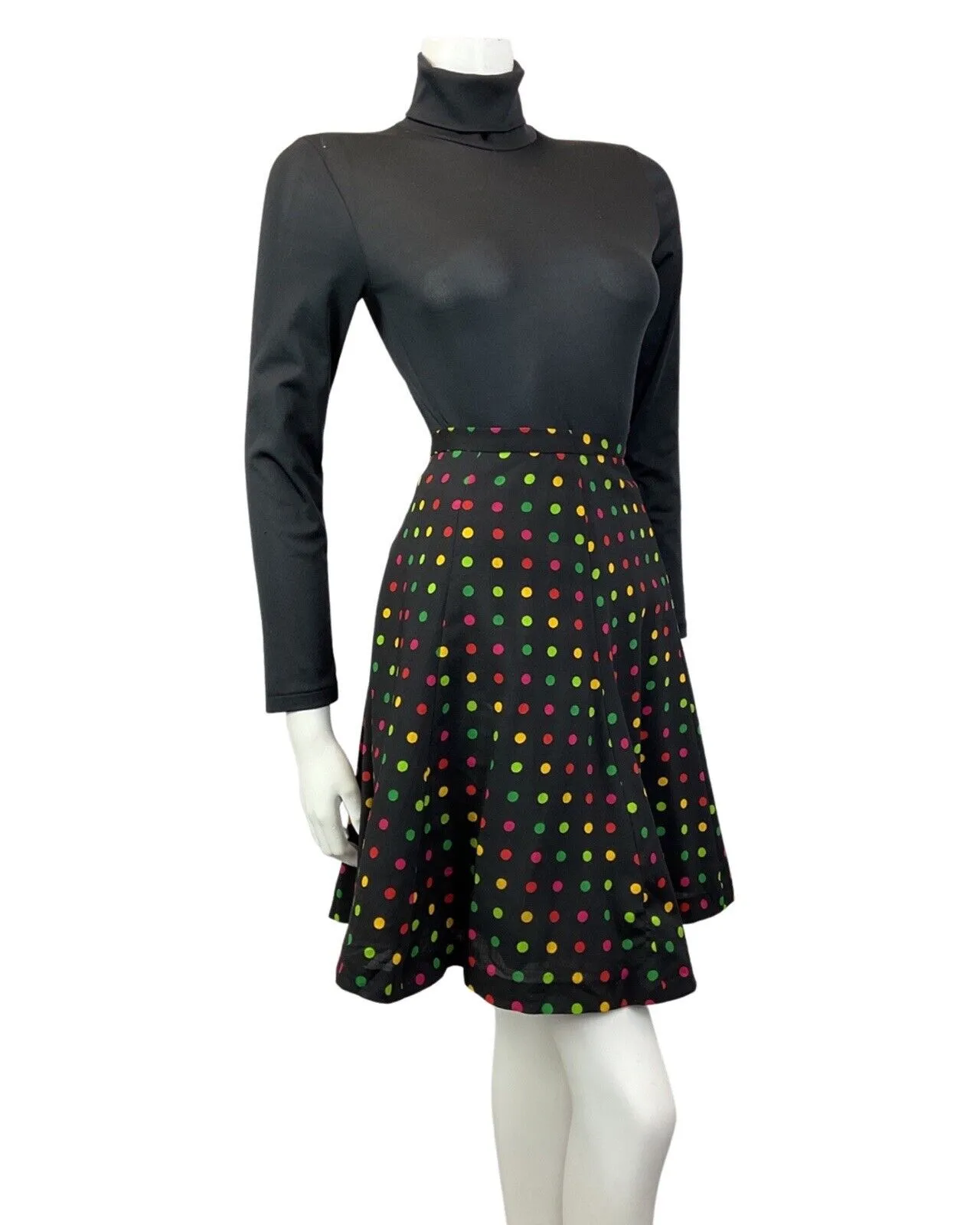 VINTAGE 60s 70s BLACK GREEN YELLOW POLKA-DOT MOD SWING MINI SKIRT 8