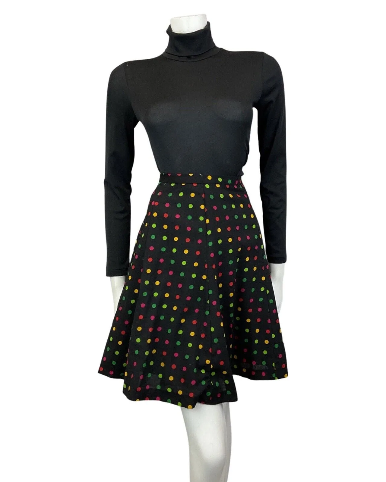 VINTAGE 60s 70s BLACK GREEN YELLOW POLKA-DOT MOD SWING MINI SKIRT 8