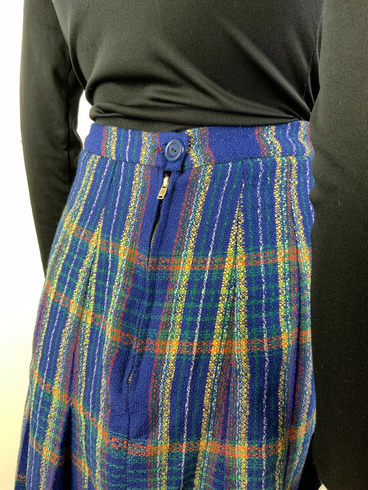 VINTAGE 60s 70s BLUE YELLOW RED PLAID CHECKED MOD KNEE-LENGTH PLEATED SKIRT 8 10