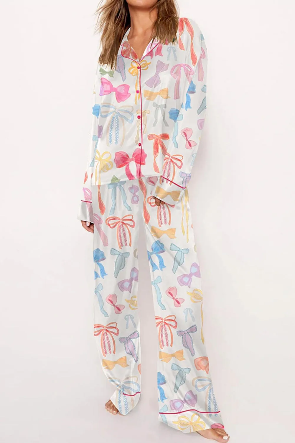 White Bow Knot Print Lapel Collar Wide Leg Satin Pajama Set