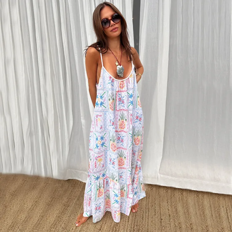 White Island Cross Stitch Maxi Dress