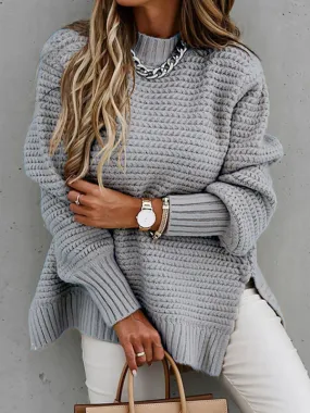 Women's Half Turtleneck Dropped Sleeve Side Slit Chunky Knit Jumper