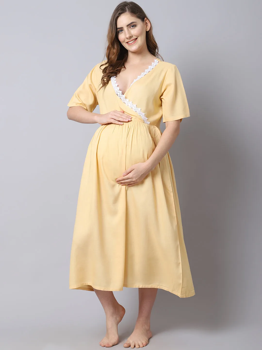 Women's Rayon Pre and Post Maternity/Feeding Dress - Beige