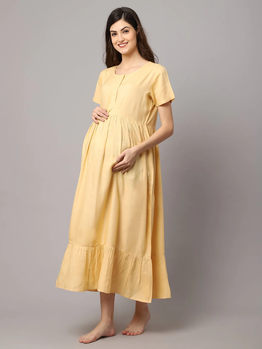 Women's Rayon Solid Pre and Post Maternity Dress with Feeding Zipper