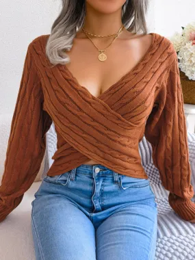 Women's V-Neck Cross Over Front Twist Ribbed Jumper