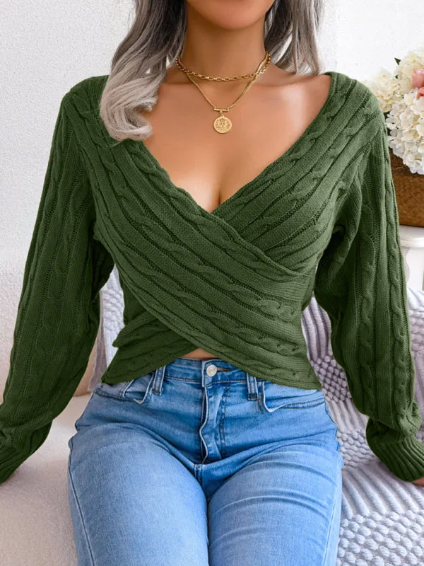 Women's V-Neck Cross Over Front Twist Ribbed Jumper