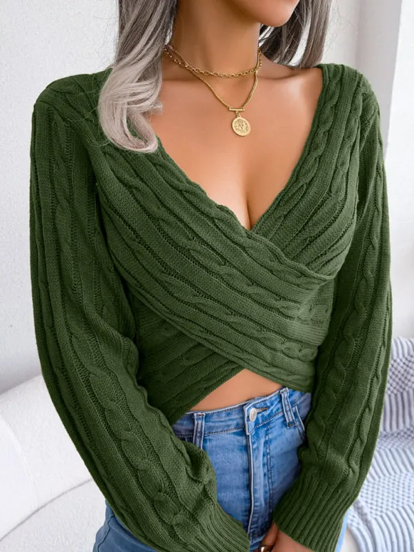 Women's V-Neck Cross Over Front Twist Ribbed Jumper